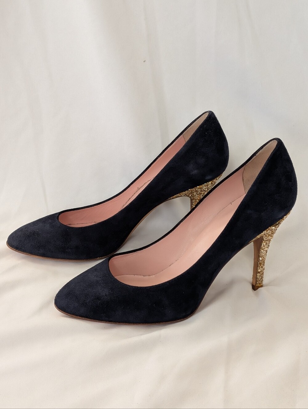 Kate Spade New York Navy Blue Suede w/ Gold Glitter Heels Pumps US Women's 6.5 W
